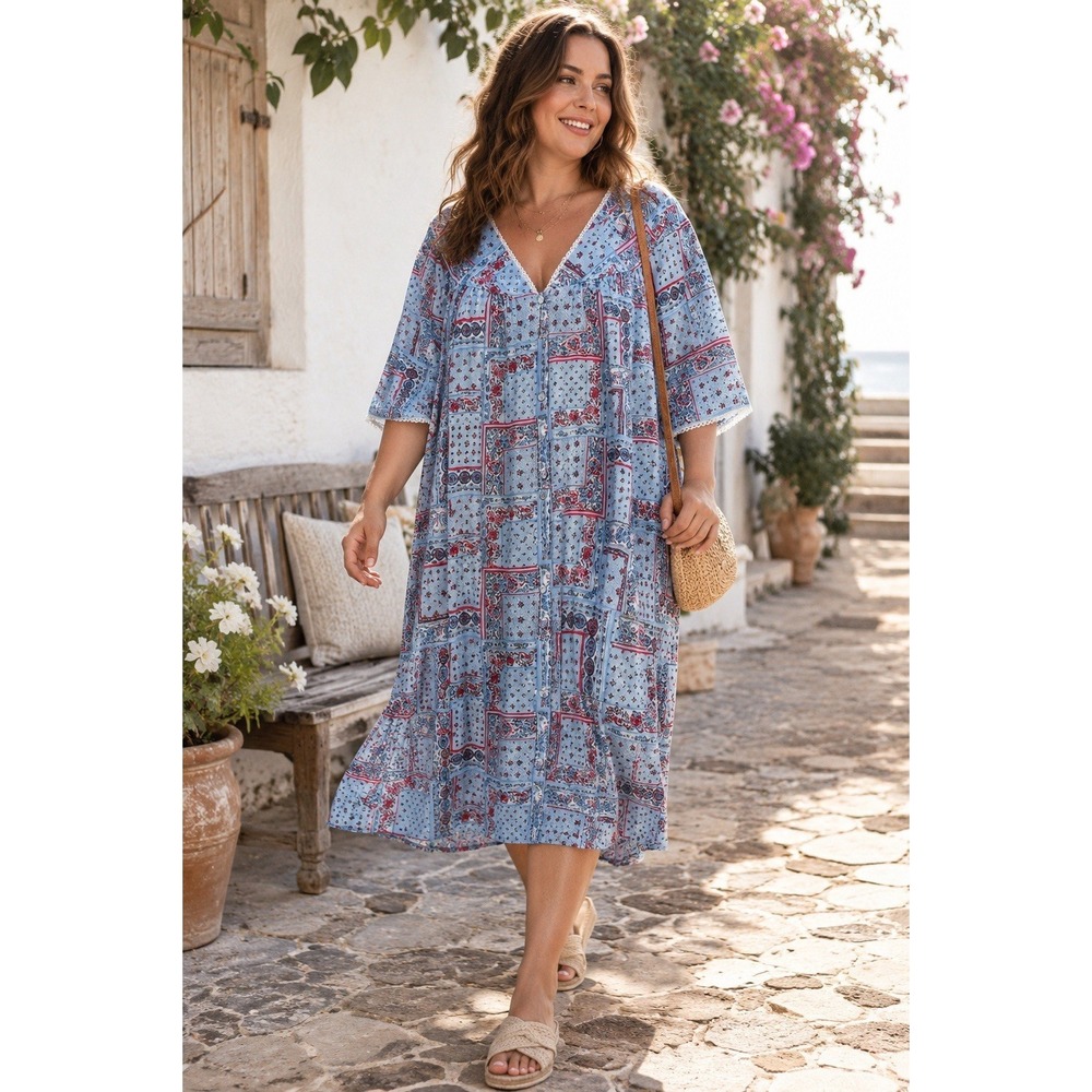 Simply Basic Blue Patchwork Boho Midi Dress XL 1X Cottagecore Prairie Flowy FF28